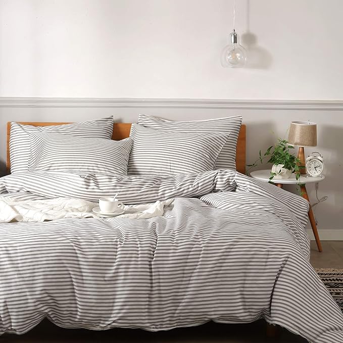 JELLYMONI 100% Natural Cotton 3pcs Striped Duvet Cover Sets,White Duvet Cover with Grey Stripes Pattern Printed Comforter Cover,with Zipper Closure & Corner Ties(Cal King Size)