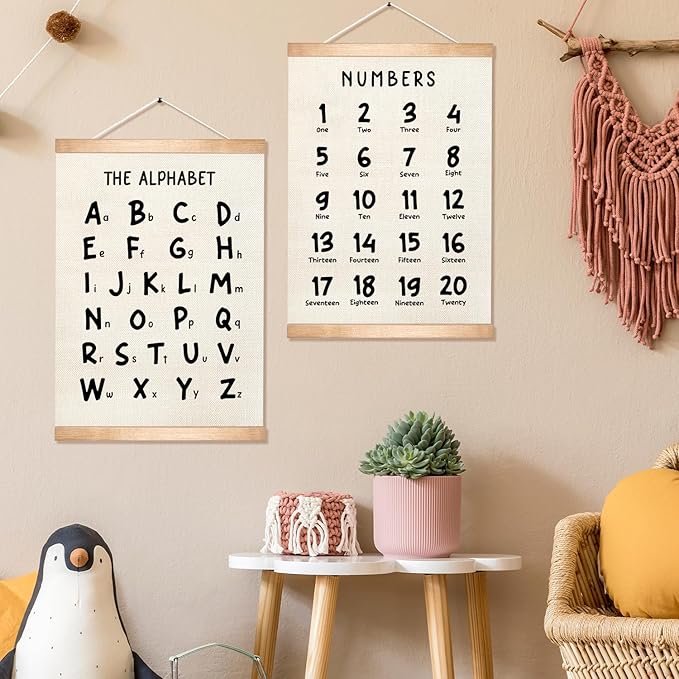 Kids Alphabet and Numbers Educational Chart Set of 2 for Classroom Decor,Colorful Educational Poster for Toddlers 1-3,Toddler Learning Poster for Kids Ages 3-5 for Nursery Playroom,Classroom Must Haves (Black Font)