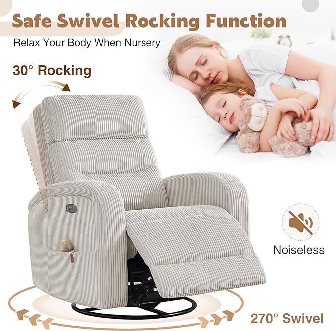 Swivel Glider Recliner for Nursery, Power Rocking Recliner with USB and Type-C Port, Nursery Swivel Recliners for Living Room, Camel Corduroy