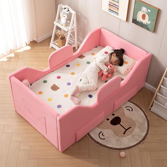 Toddler Bed Frame with 2 Drawer and Storage Bag, Kids Bed with Removable Safety Rails, Standard Crib Size Portable Beds, Safety Upholstered Child Beds for 1-6 Years Old