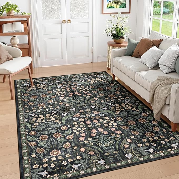 6x9 Washable Area Rug for Living Room, Floral Non-Slip Non-Shedding & Easy Care, Soft Low Pile Botanical Indoor Floor Carpet for Living Room, Bedroom, Farmhouse, Dining Room, Kids Playroom, Black