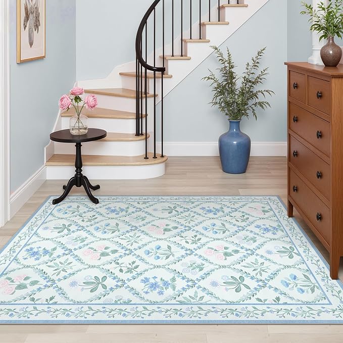 3x5 Baby Nursery Rug, Boho Blue Floral Area Rugs Machine Washable, Soft Ultra-Thin Botanical Carpet Non Slip for Girls Room Bedroom Entryway Playroom Living Room,Blue Multi