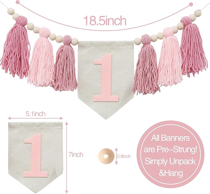 Boho Pink Handmade 1st Birthday High Chair Banner for Baby Girls Wild One Wall Hangings First Highchair Banner Wood Bead Tassel Garland Photoshoot Props Photo Props1 Birthday Party Decorations