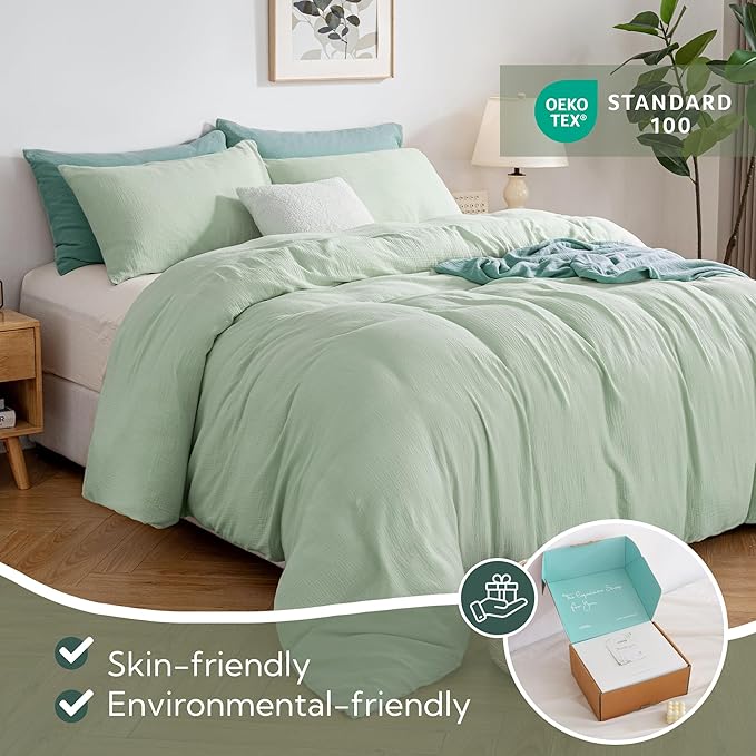 MILDLY Muslin Duvet Cover Queen - 100% Washed Cotton Linen Like Gauze Comforter Cover 3 Pieces Breathable & Lightweight for All Season