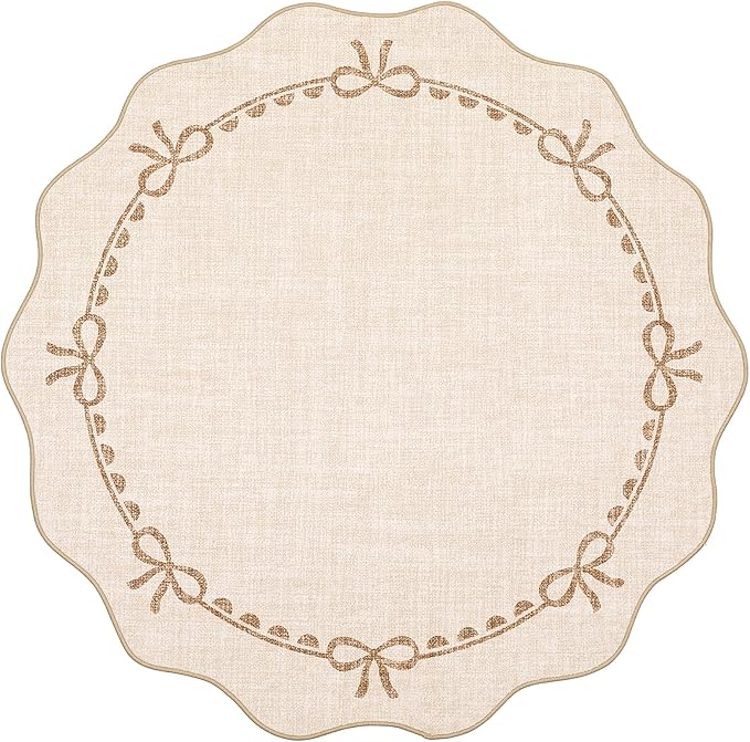 GarveeHome Scalloped Bow Rug for Living Room, 4ft Round Rugs Washable Solid Beige Rug for Dorm Soft Low Pile Non Slip Scalloped Rugs for Nursery Bedroom Decor Kids Room Playroom