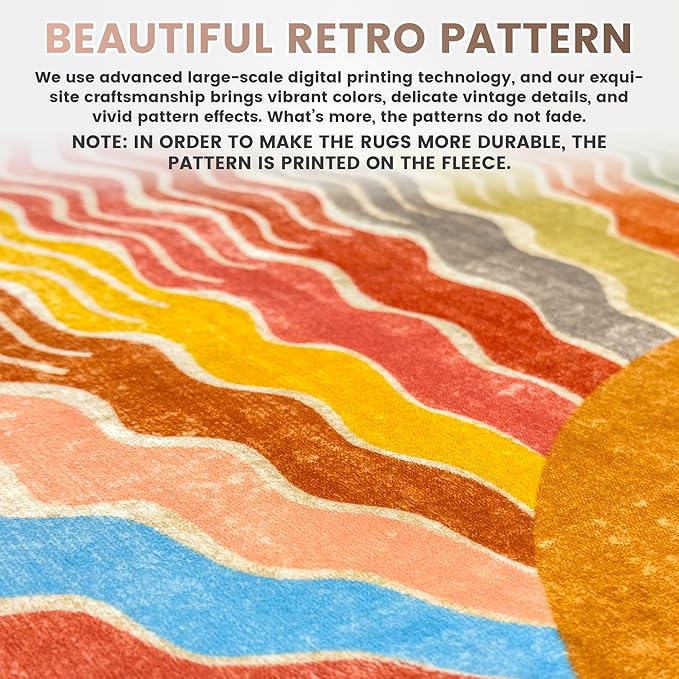 Washable 8x10 Sun Area Rug for Living Room, Rainbow Sun Modern Retro Large Area Rugs, Ultra Thin Low Pile Lightweight Soft Indoor Floor Carpet with Non-Slip Backing for Bedroom Kids Nursery Play Room