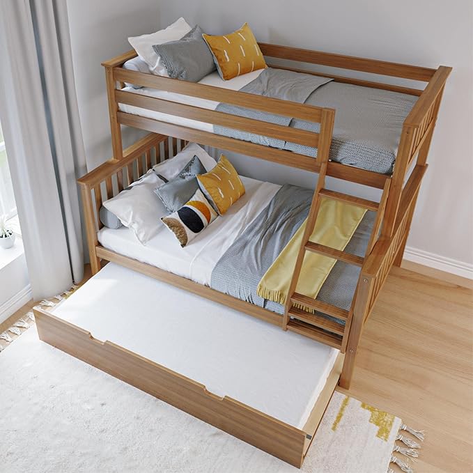 Max & Lily Bunk Bed, Twin-Over-Full Bed Frame for Kids with Trundle, Pecan