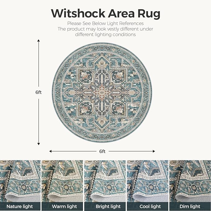 WITSHOCK 6Ft Teal Round Washable Area Rugs - Vintage Boho Distressed Oriental Farmhouse - Non Slip Low Pile Circle Carpet for Living Room Bedroom Kitchen Dining Room, Foldable Soft Pet Friendly Rug