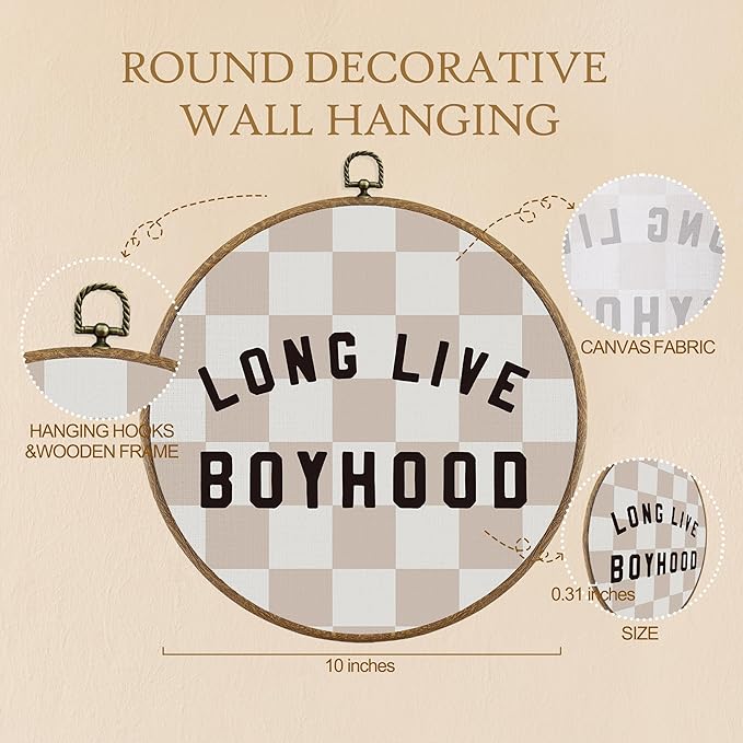 BitKAM Boy Nursery Round Wall Art Decor, Long Live Boyhood Canvas Prints Framed, Retro Beige Checkered Wall Hanging Decorations for Kids Boys Nursery Bedroom Playroom, 10x10 Inch Wall Sculptures