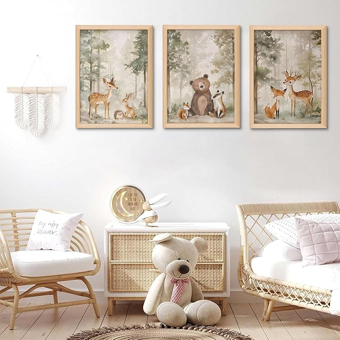 Framed Woodland Wall Art Set of 3, Wild Animals Nursery Wall Decor, Cute Bear Fox Deer Watercolor Canvas, Forest Animal Pictures Print for Baby Room Decor Home Decoration – 16x24 inch