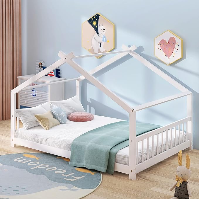 Ball & Cast Full Size Floor Bed,Low to Ground Design Montessori Bed with Roof,Toddler House Bed Frame W/Slats,No Box Spring Needed,for Girls Boys,White