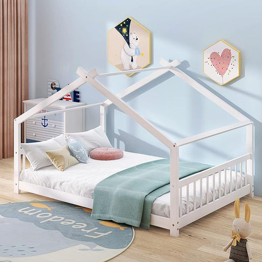 Ball & Cast Full Size Floor Bed,Low to Ground Design Montessori Bed with Roof,Toddler House Bed Frame W/Slats,No Box Spring Needed,for Girls Boys,White
