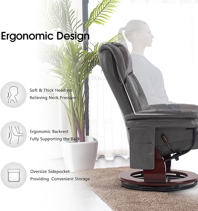 MCombo Swivel Recliner with Ottoman, Faux Leather TV Chair with Vibration Massage, Ideal for Small Space, Living Room & Bedroom 4734 (Grey)