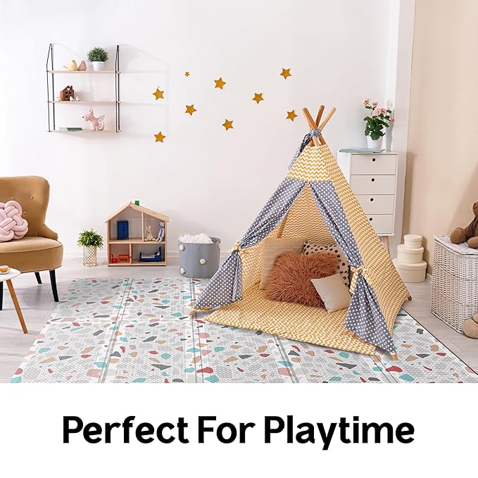 Baby Foldable Play Mat for Baby - Deco Terrazzo Floor Mats design - Perfect Tummy Time Mat & Nursery Rug - Portable Playroom Rug, Indoor/Outdoor, Waterproof, Made in Korea - Large 79" x 55"