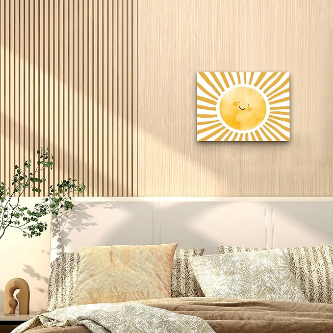 WODMIS Boho Sun Shunshine Wall Art, Cute Cartoon Smiling Watercolor Neutral Canvas Home Decor for Kids Baby Room Nursery Playroom, Yellow 11x14