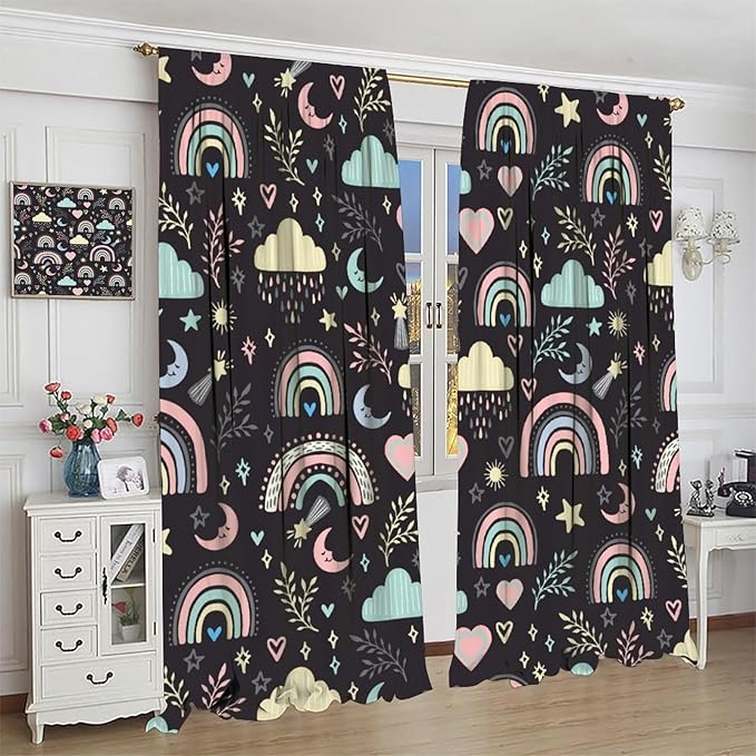 Boho Rainbow Curtains for Kids Nursery Colorful Floral Sun Star Clouds Pastel Bohemian Pattern Print Window Drapes for Girl Bedroom Living Room Kitchen Decor,2 Panel Set,42Wx63H Inch Blackout