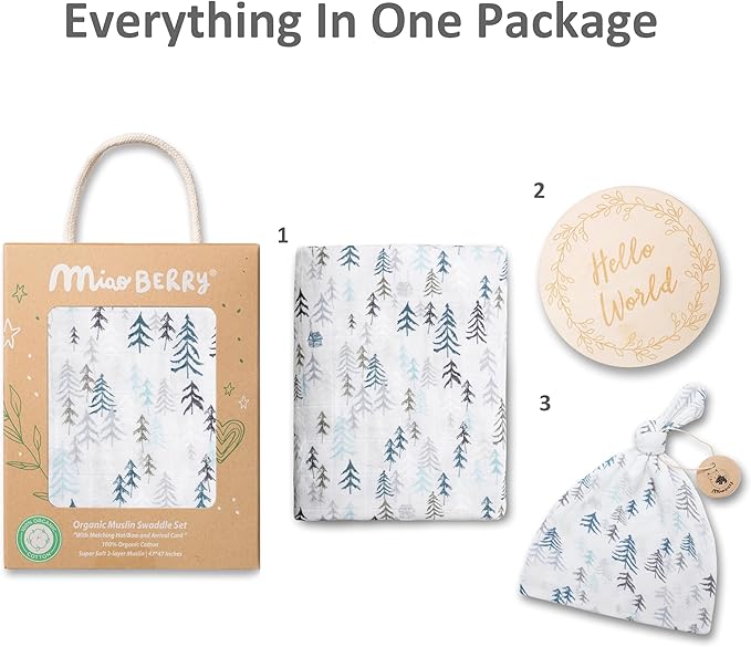 Miaoberry Forest Organic Muslin Swaddle Blankets for Baby Boy with Matching Hat and Wooden Hello World Newborn Sign | Newborn Photography Props | Birth Announcement Sign