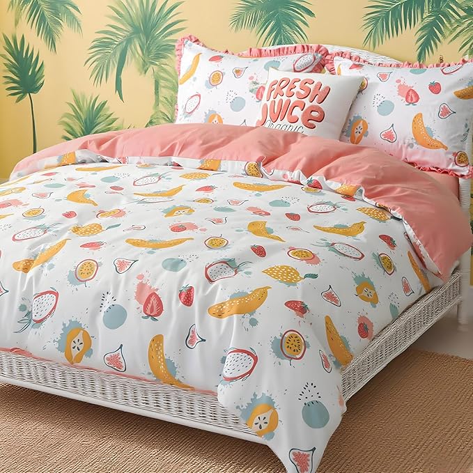 Simple&Opulence 100% Organic Cotton Duvet Cover for Kids Teens, 3 Piece Soft Cartoon Comforter Cover with Zipper Closure, Kawaii Girls Bedding Set with Colorful Fruits Pattern, Twin