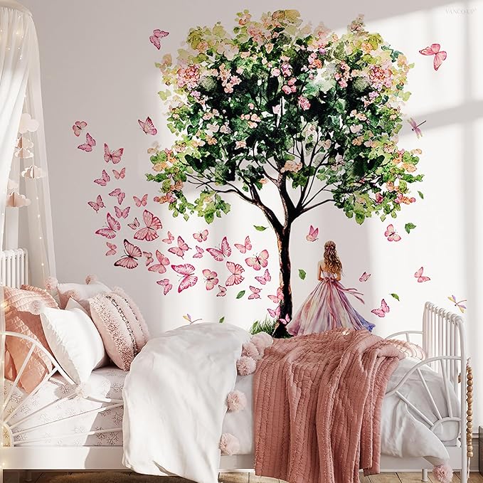 Fairy Garden Wall Decals, Pink Butterfly Large Tree with Princess Design, Removable Peel and Stick Nursery Decor, Cute Girls Room Wall Stickers, 33.5x32.3 Inch (Green Pink)