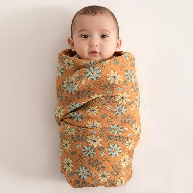 NTBAY 2 Layer Muslin Cotton Baby Swaddle Blanket, 30x40 Soft and Breathable Receiving for Newborns and Infants, Perfect for Crib, Stroller, Travel, Lightweight Nursery Blanket, Vintage Daisy Bloom