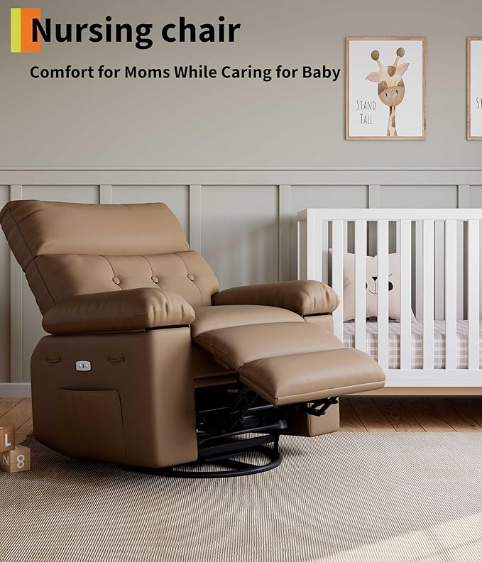 GarveeHome Power Rocker Swivel Recliner Chair - Heat and Massage, PU Leather Electric Glider Rocking Chair with USB Port, Glider Recliner Nursery Chair for Living Room, Bedroom, Nursery