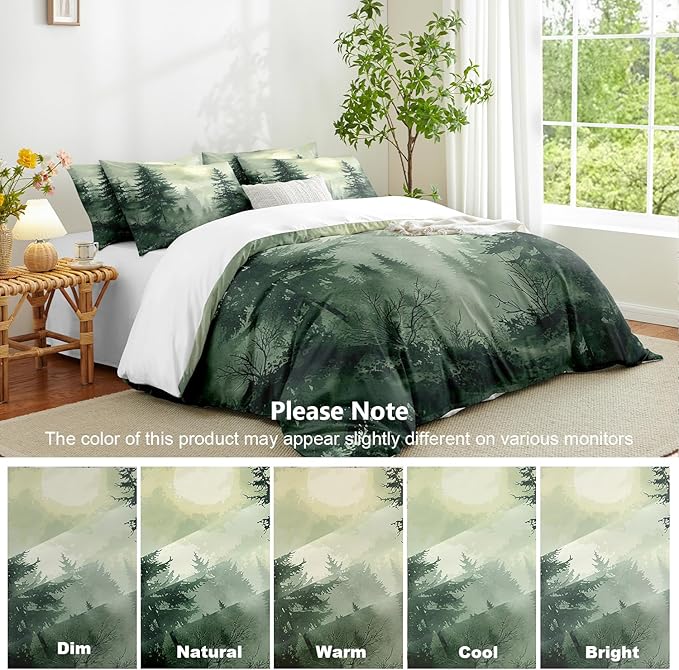 Pine Tree Duvet Cover Queen Size Forest Olive Green Duvet Cover Set Gradient Watercolor Botanical Bedding Set Soft Breathable Microfiber Comforter Cover(2 Pillowcases, No Comforter)
