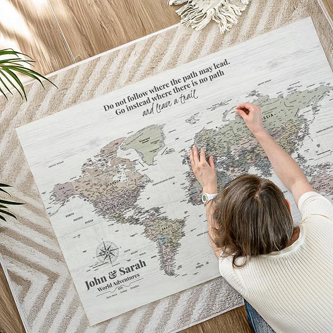 ElephantStock - Personalized Leave A Trail Iii Push Pin World Map Wall Art - Horizontal Canvas Wall Art - Living Room Wall Decor - Digital Art Map Canvas Art - White And Gray Decor - 48" x 32"