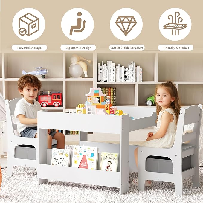 Kinder King Kids Wood Table & 2 Chairs Set, 4 in 1 Children Activity Table w/Double Bookcase, Blackboard, Toddler Furniture Set for Art, Crafts, Drawing, Reading, Playroom, Grey