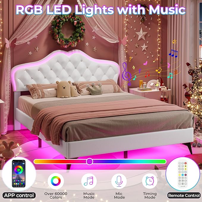 BTHFST Full Size Upholstered Bed Frame with LED Lights, Adjustable Headboard with Crystal Button, Princess Platform Bed for Girls, Solid Wood Slats Support, No Box Spring Needed, Beige