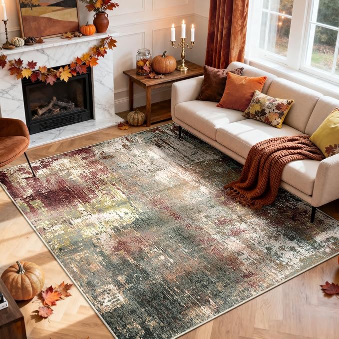 Washable Area Rugs 9'x12' Non-Slip Modern Abstract Soft for Living Room Entryway Bedroom Nursery, Print Pattern, Brown Rust Red Multi