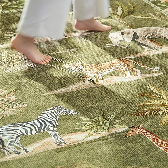 jinchan 3x10 Runner Rug Green Jungle Animals Print, Modern Hallway Washable Runner Rug Kitchen Ultra-Thin Low-Pile Non-Slip Soft Botanical Accent Christmas Carpet for Living Room (3'x10', Green)