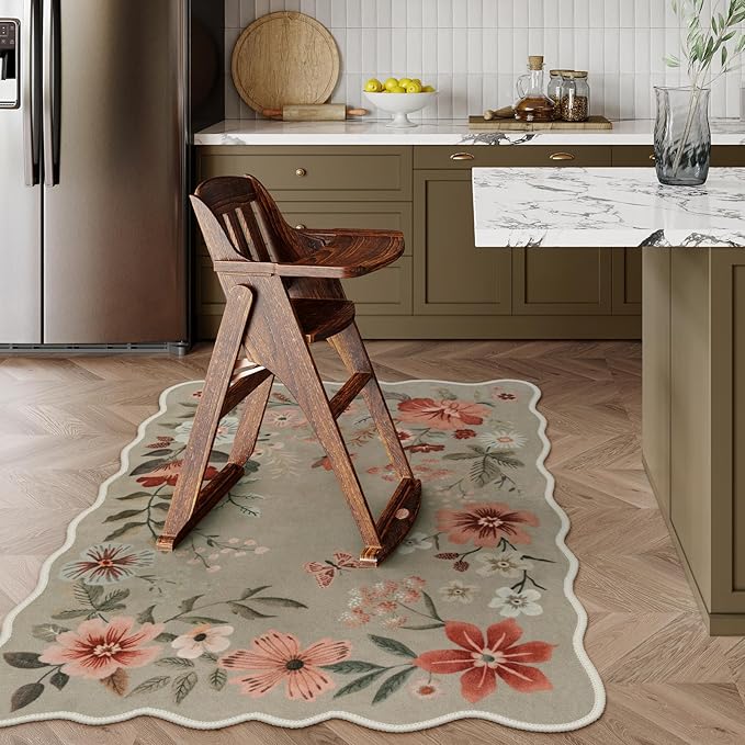Lahome Floral Machine Washable Rug, 3x5 Rug Non Slip Soft Bedroom Rugs for Entryway Dorm, Ultra-Thin Boho Rugs for Living Room Stain Resistan Throw Carpet for Nursery Entrance,Brown