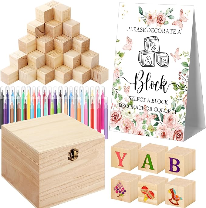 Marsui 136 Pcs Baby Shower Blocks to Decorate Game Kit Includes 98 Wooden Blocks, 36 Markers, 1 Game Sign, 1 Storage Box for Baby Shower Gender Reveal Activity Party Decorations(Flower)