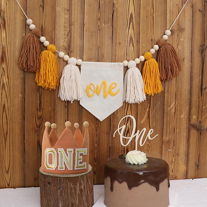 1st Birthday Highchair Banner Neutral Decorations With ONE Crown Hat Cake Topper For Photo Backdrop
