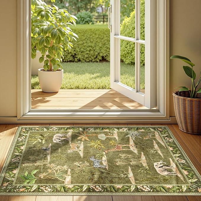 jinchan 2x3 Green Jungle Rug for Entryway Washable Throw Rug Animals Print Kitchen Mat Indoor Doormat Ultra-Thin Low-Pile Non-Slip Soft Botanical Christmas Carpet for Bedroom Entrance (2'x3', Green)