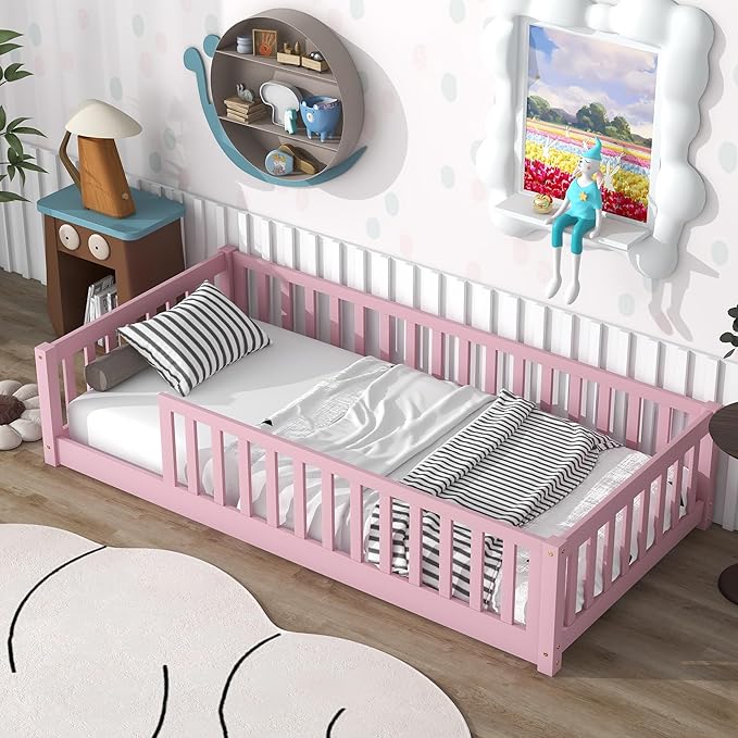 Twin Size Kids Montessori Floor Bed,Twin Floor Bed Frame with Slats,Solid Wood Twin Bed Frame for Girls Boys,Pink