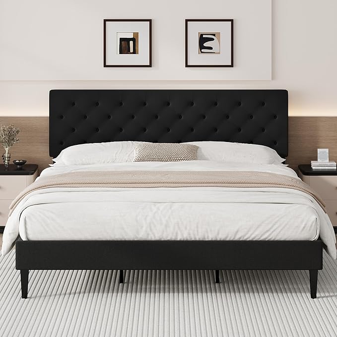 BarnFurin King Bed Frame, Upholstered Platform Bed with Button Tufted Headboard, Fabric Bed Frame with Wooden Slats Support, No Box Spring Required, Easy Assembly, Black