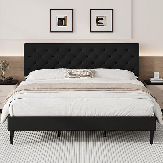 BarnFurin King Bed Frame, Upholstered Platform Bed with Button Tufted Headboard, Fabric Bed Frame with Wooden Slats Support, No Box Spring Required, Easy Assembly, Black