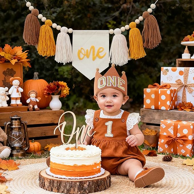1st Birthday Highchair Banner Neutral Decorations With ONE Crown Hat Cake Topper For Photo Backdrop