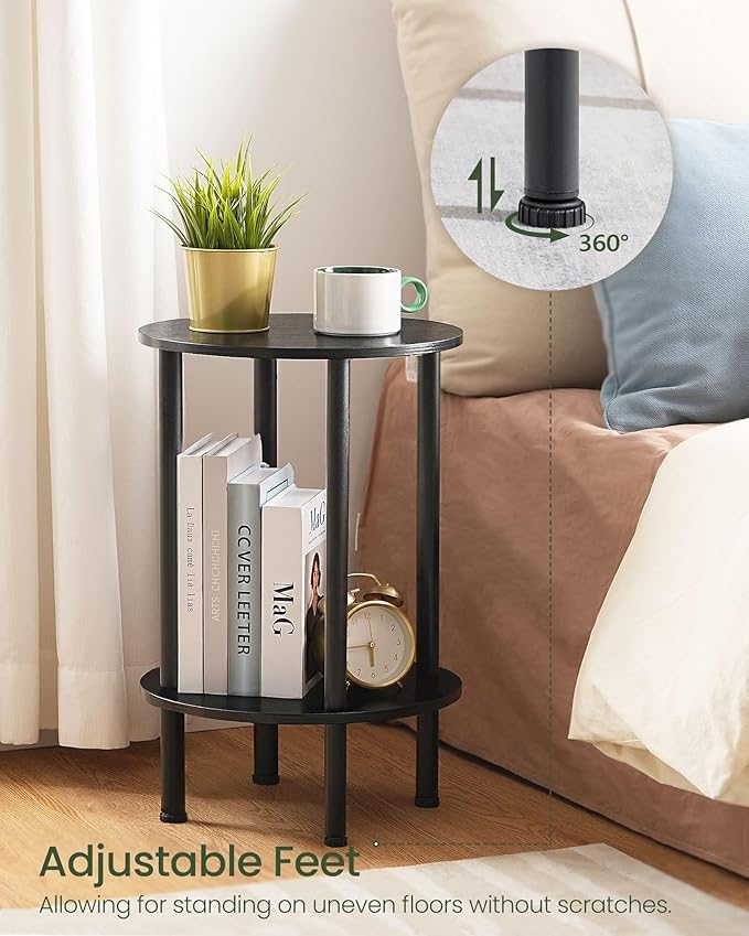 Round Side Table, 2-Tier End Table, Small Round Nightstand with Sturdy Metal Tube, Industrial Circular Coffee Table, for Living Room, Bedroom, Black TBZ01BB