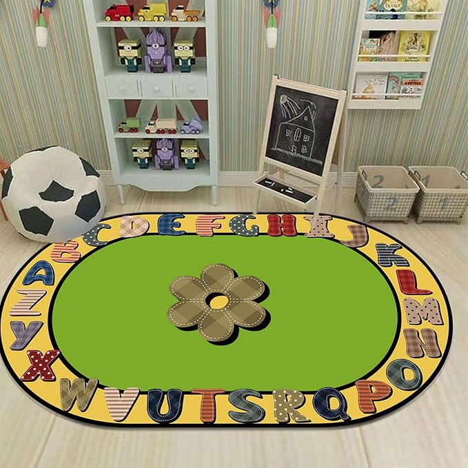Children's Area Rugs, 5x7ft, Educational And Fun Rugs with ABC Alphabet, Early Learning Rug for Playroom Game Activity, Plaid Floral Non-Slip Soft Indoor Play Mat for Bedroom Nursery, Oval Rug
