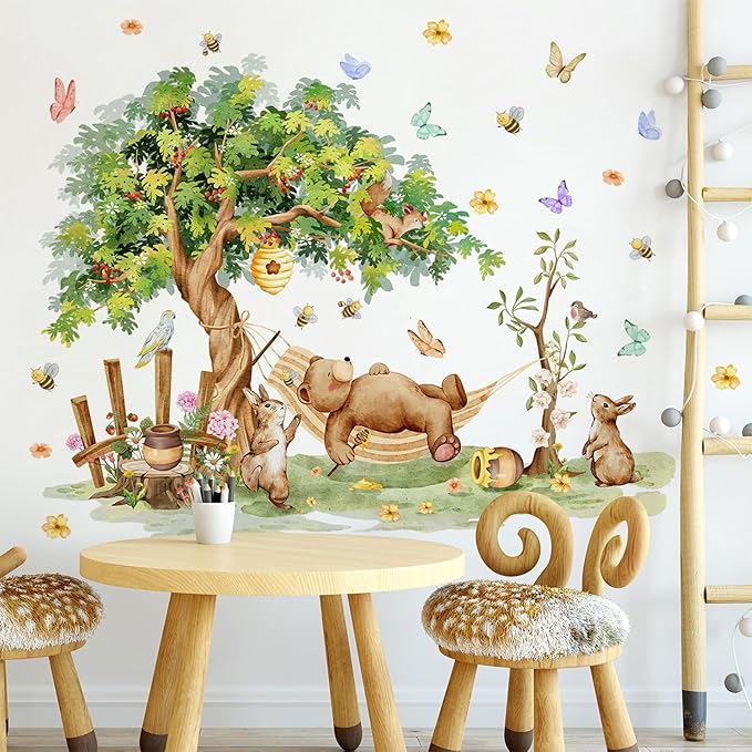 Amaonm Large Whimsical Tree Wall Decal with Woodland Animals, Birds, and Butterflies, Watercolor Green Tree Wall Sticker Decor for Girls Kids Bedroom Living Room Nursery Decoration (C)