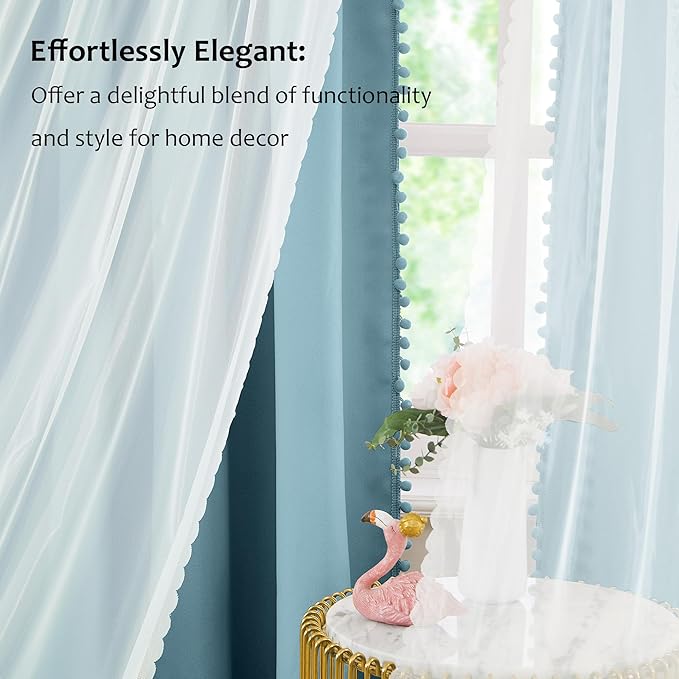 Pom Pom Blackout Curtains with Sheer Overlay for Living Room Bedroom, Kid's Room, Blue Mix and Match Double Layer Window Curtains Rod Pocket Thermal Insulated Curtains with Tiebacks, 2pcs, 52x84, Blue