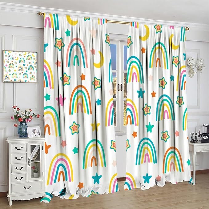 Kids Rainbow Curtains Cartoon Rainbow Abstract Bohemia Floral Lovely Stars Pattern Print Window Drapes for Girl Bedroom Living Room Kitchen Decor,2 Panel Set,42Wx45H Inch Decor