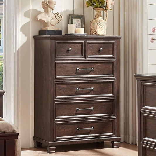 Farmhouse 6 Drawer Dresser for Bedroom, 45 Inch Tall Vintage Wood Chest of Drawers, Mid-Century Dressers w/Square Wooden Legs, Rustic Storage Organizer for Living Room, Hallway, Walnut