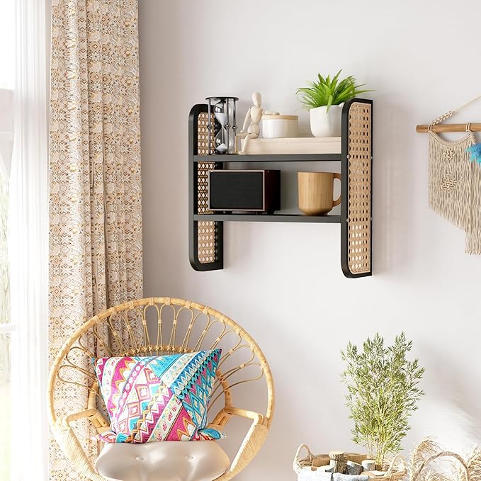 2-Tier Black Rattan Wall Shelf, Cute Hanging Book Shelves Storage, Decorative Natural Display Shelves, Boho Floating Shelf for Nursery, Bedroom, Living Room