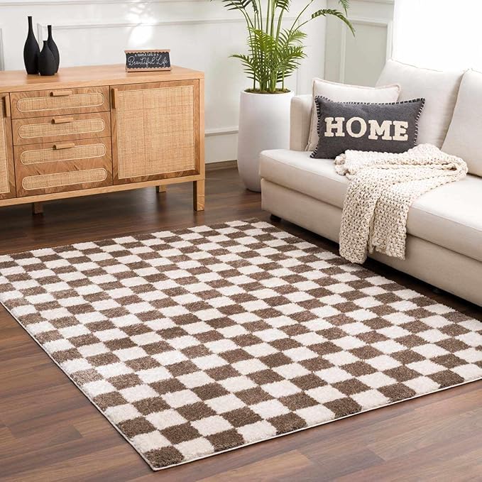 BoutiqueRugs Canika Modern Checkered Shag Rug - High Pile Fluffy Shaggy Carpet for Hallway, Nursery, Playroom, Girls Boys Room - Machine Washable - Peach, Dark Brown - 7'10" x 10' (8x10)