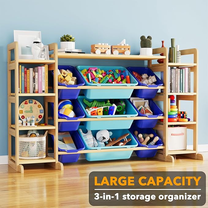 SpaceAid Large Toy Storage Organizer 9 Shelves 9 Bins, Toy Organizers Storage Bookshelf, Kids Bin Shelf Toys Box Bookcase for Bedroom Playroom Organization Room Decor, Blue and Navy Blue