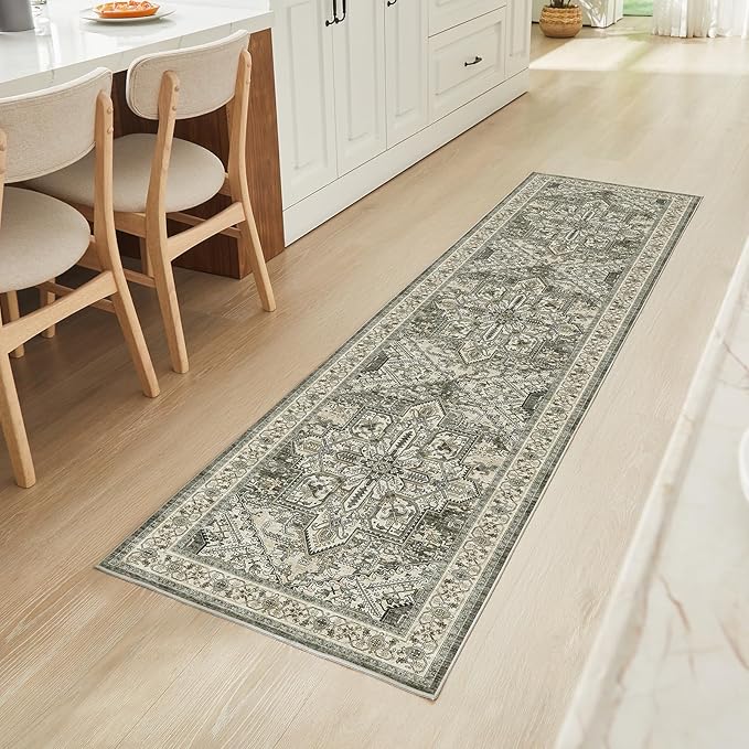 WITSHOCK 2x8 Runner Rug for Hallway, Washable Rug Distressed Boho Soft Low Pile Stain Resistant Foldable Carpet for Kitchen Entryway Indoor Entrance Laundry Farmhouse Home Decor, Brown/Lvory