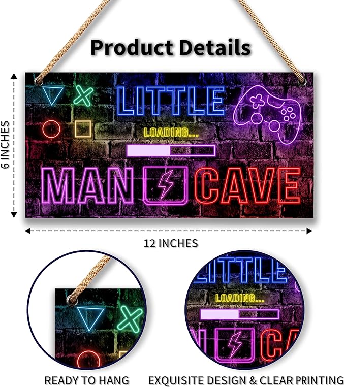 Little Man Cave, Neon Gaming Wooden Door Sign for Gamer Room Decor, Boys Decorations for Men Teenager Bedroom Nursery Playroom Wall Art - 6"x12" -A05